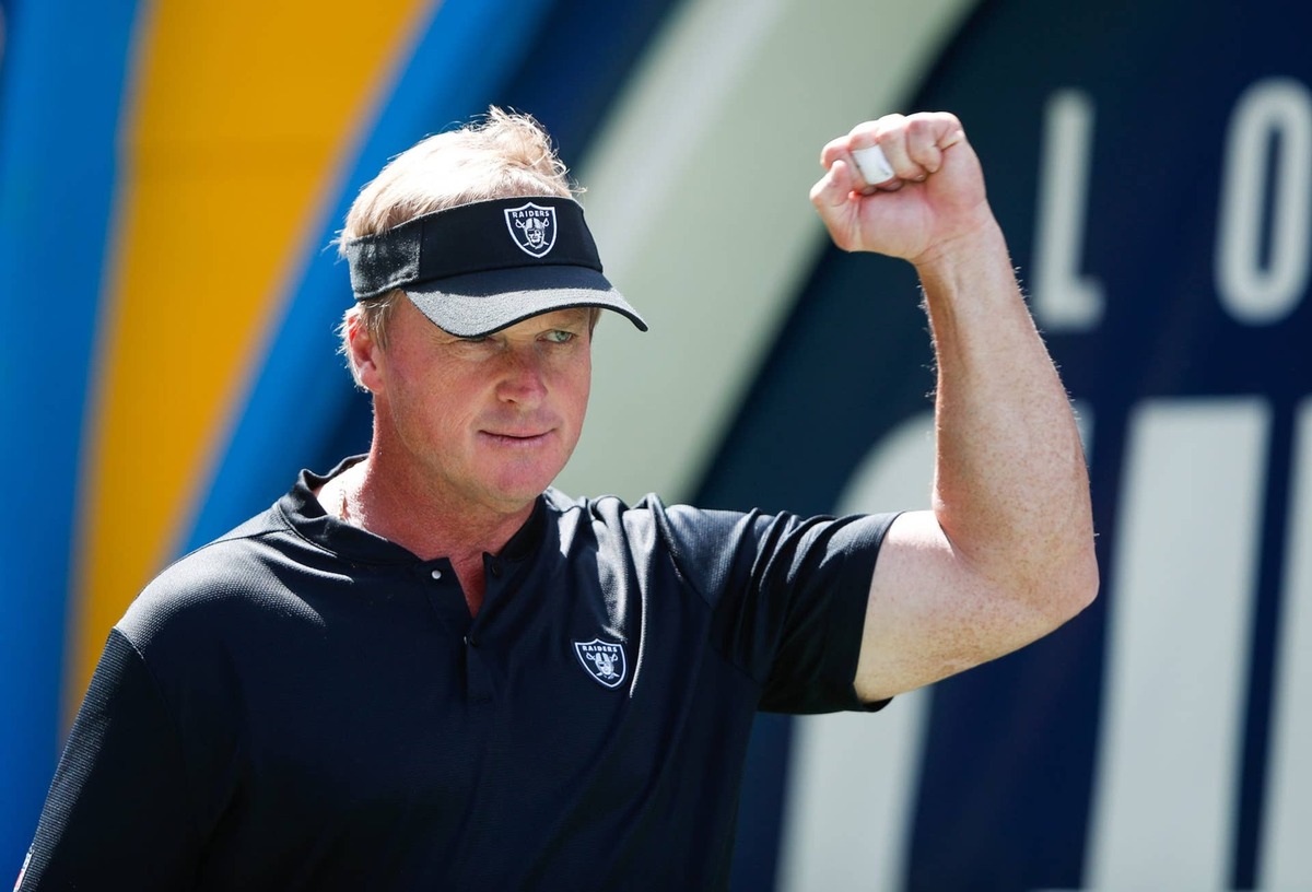  CARSON, CA - OCTOBER 07: Oakland Raiders head coach Jon Gruden walks out to the field ahead of the game against the Los Angeles Chargers at StubHub Center on October 7, 2018 in Carson, California. (Photo by Sean M. Haffey/Getty Images) 