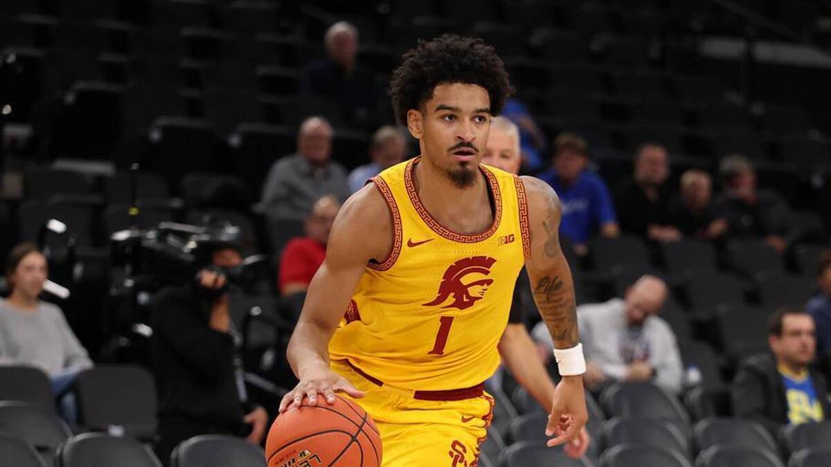  Nov 14, 2025; Inglewood, California, USA; Southern California Trojans guard Rodney Rice (1) dribbles the ball during the first half of the Hall of Fame Series game against the Illinois State Redbirds at Intuit Dome. Mandatory Credit: Kiyoshi Mio-Imagn Images | Kiyoshi Mio-Imagn Images 