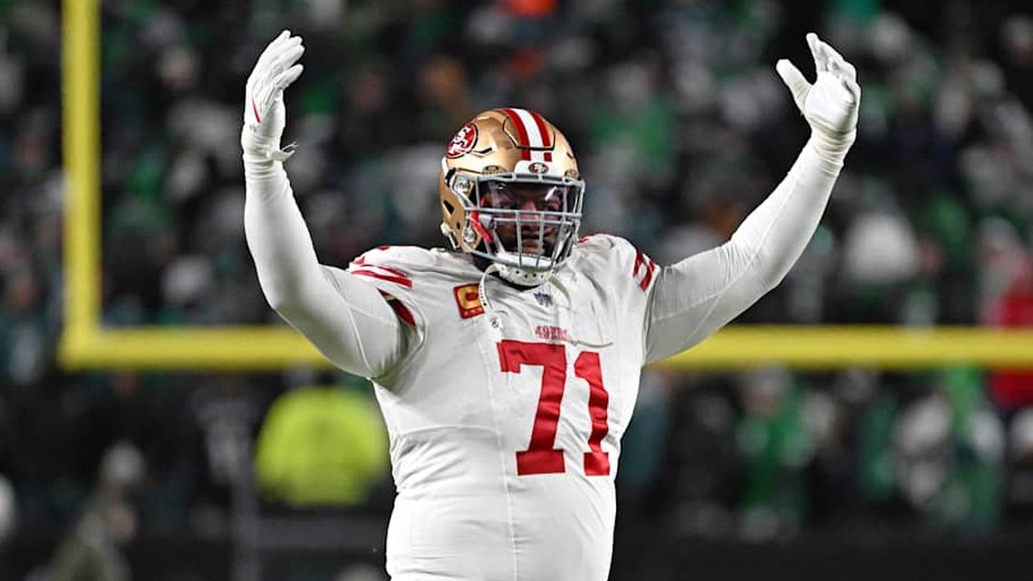  Jan 11, 2026; Philadelphia, PA, USA; San Francisco 49ers offensive tackle Trent Williams (71) celebrates win against the Philadelphia Eagles in an NFC Wild Card Round game at Lincoln Financial Field. Mandatory Credit: Eric Hartline-Imagn Images | Eric Hartline-Imagn Images 