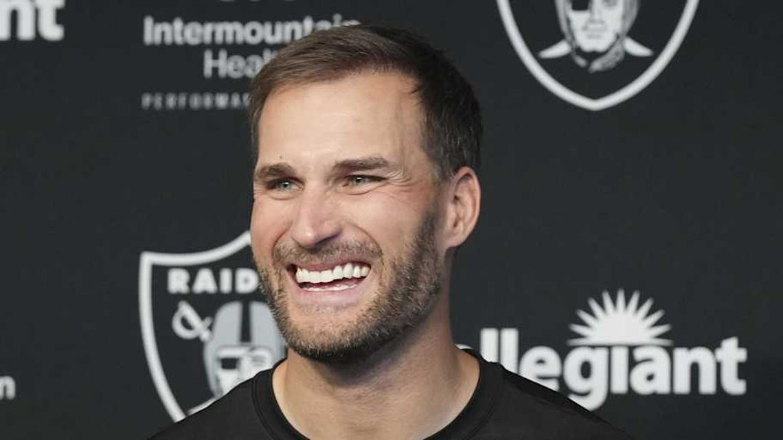  Apr 8, 2026; Las Vegas, NV, USA; Las Vegas Raiders quarterback Kirk Cousins speaks at a press conference at Intermountain Health Performance Center. Mandatory Credit: Candice Ward-Imagn Images | Candice Ward-Imagn Images 