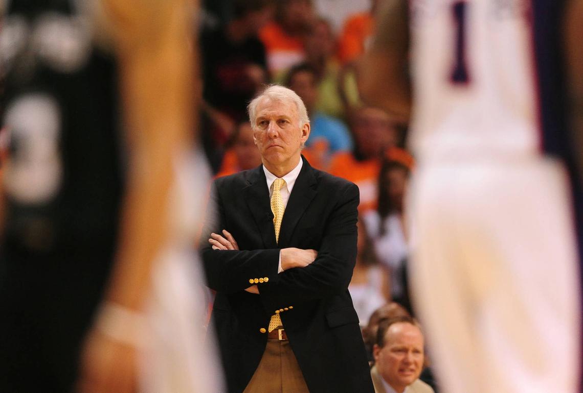  San Antonio Spurs head coach Gregg Popovich reacts against the Phoenix Suns in the Western Conference semifinals of the 2010 NBA playoffs. Mark J. Rebilas-USA TODAY Sports via Imagn Images
