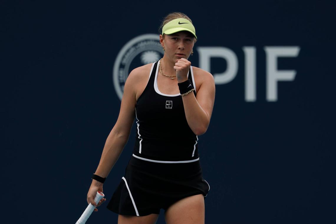  Mar 20, 2026; Miami Gardens, FL, USA; Amanda Anisimova (USA) reacts after winning a point against Ajla Tomljanovic (AUS) (not pictured) on day four of the 2026 Miami Open at Hard Rock Stadium. Mandatory Credit: Geoff Burke-Imagn Images 