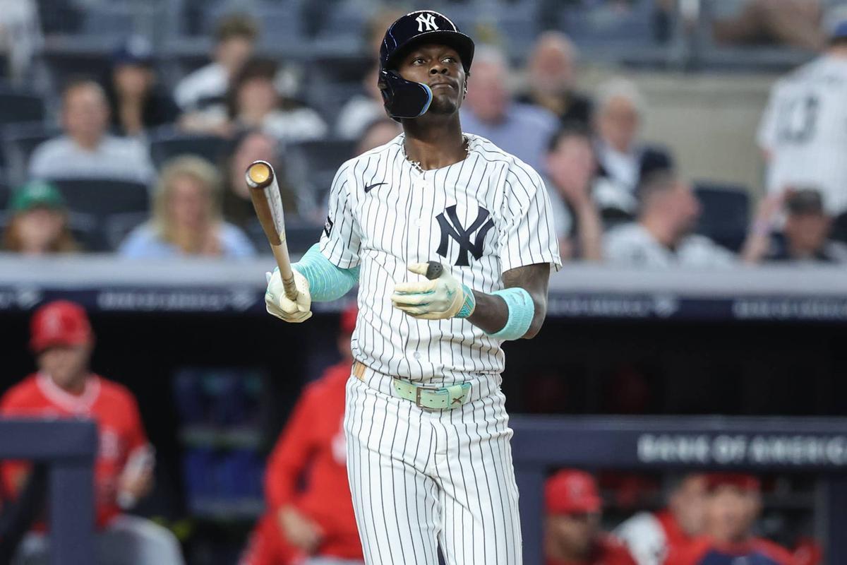  Apr 14, 2026; Bronx, New York, USA; New York Yankees pinch hitter Jazz Chisholm Jr. (13) reacts after striking out to end the eighth inning against the Los Angeles Angels at Yankee Stadium. Mandatory Credit: Wendell Cruz-Imagn Images 