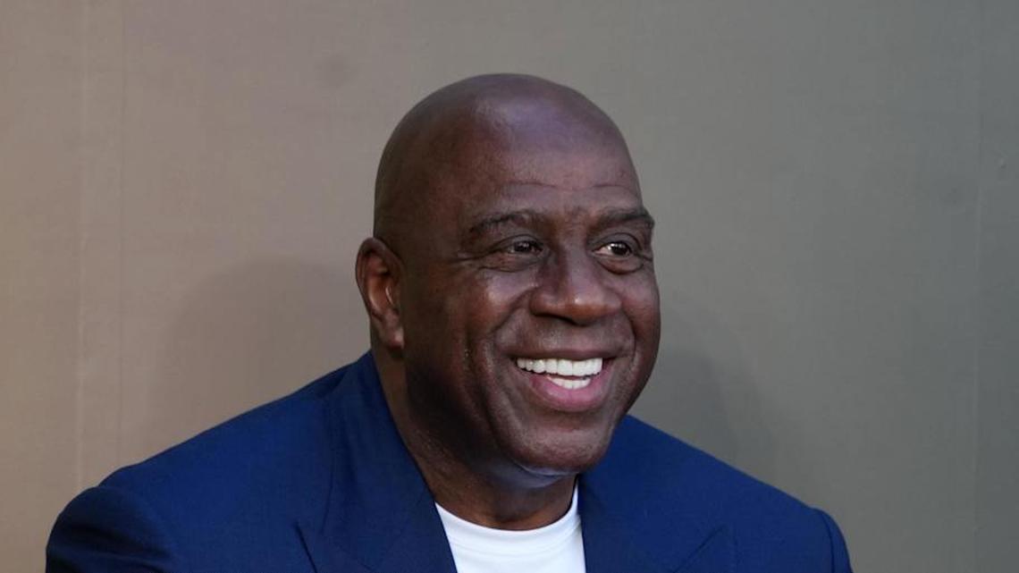  Feb 22, 2026; Los Angeles, CA, USA; Magic Johnson at unveiling of statue of former Los Angeles Lakers coach Pat Riley at the Crypto.com Arena. Mandatory Credit: Kirby Lee-Imagn Images | Kirby Lee-Imagn Images 