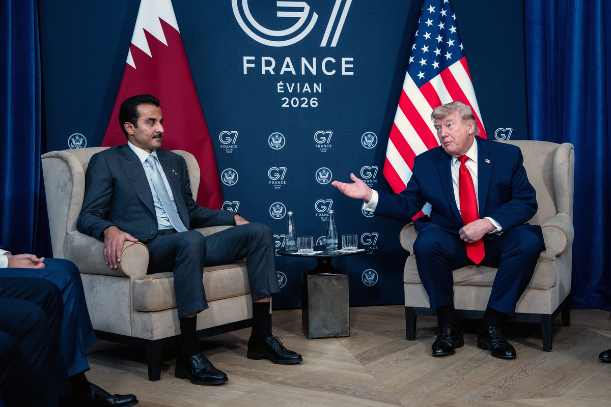 President Donald Trump attends a bilateral meeting with the Emir of Qatar, Tamim Bin Hamad Al-Thani, during the G7 Summit in Evian-les-Bains, France, June 16, 2026. (Haiyun Jiang/The New York Times)