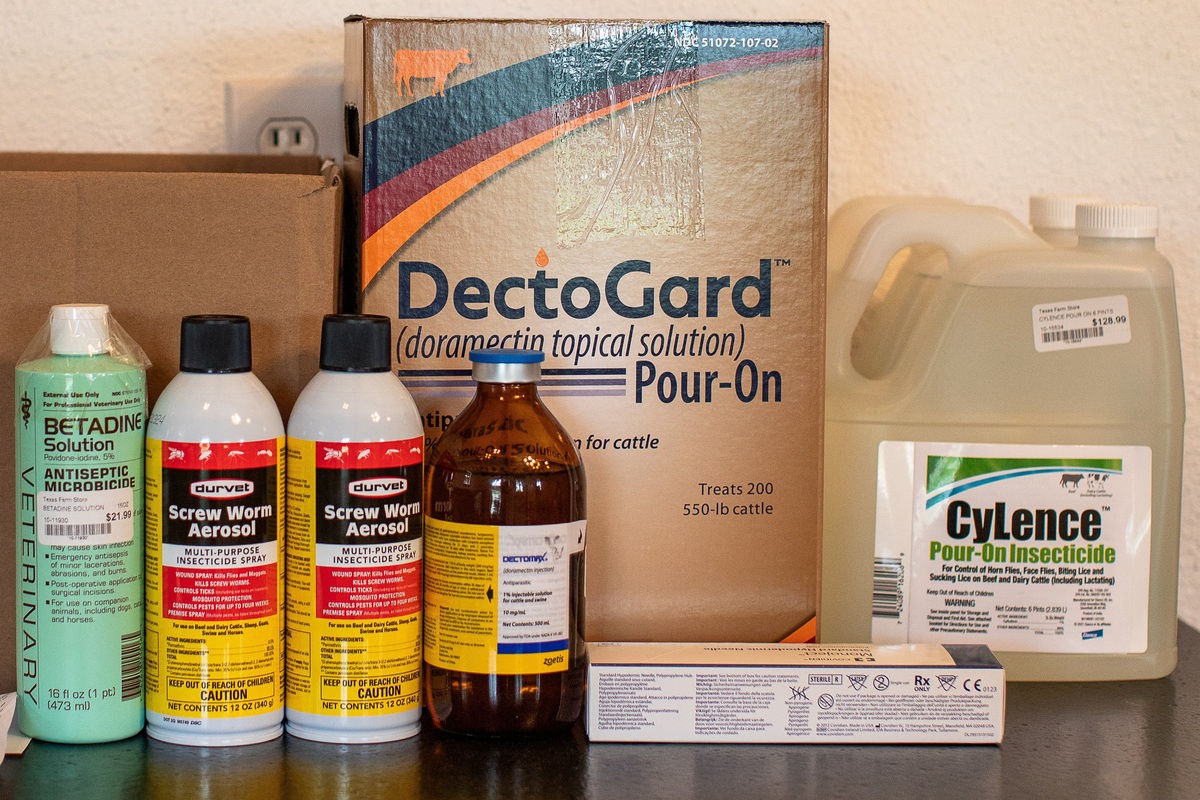 A couple of months' worth of several preventative and topical treatments line the counter, three days after the U.S. Department of Agriculture confirmed that New World screwworm was detected in a Texas calf in Zavala County, near La Pryor, Texas, U.S., June 6, 2026.  REUTERS/Kaylee Greenlee
