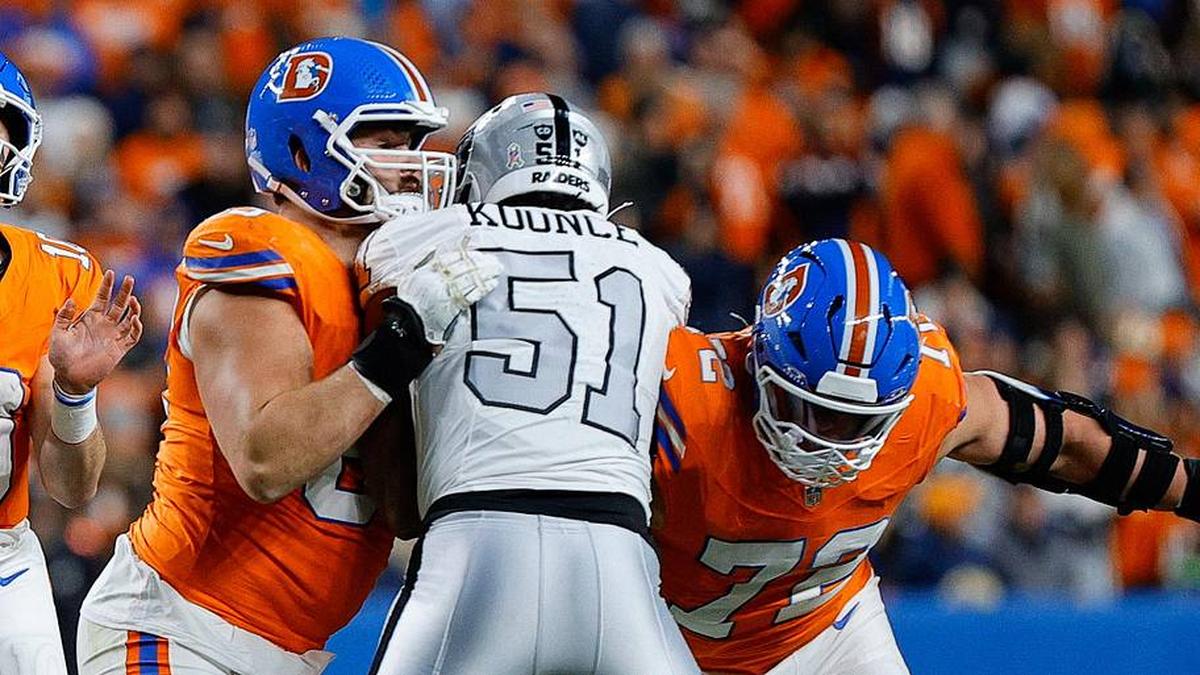  Nov 6, 2025; Denver, Colorado, USA; Denver Broncos quarterback Bo Nix (10) attempts a pass as offensive tackle Alex Palczewski (63) and offensive tackle Garett Bolles (72) defend against Las Vegas Raiders defensive end Malcolm Koonce (51) in the fourth quarter at Empower Field at Mile High. Mandatory Credit: Isaiah J. Downing-Imagn Images | Isaiah J. Downing-Imagn Images 