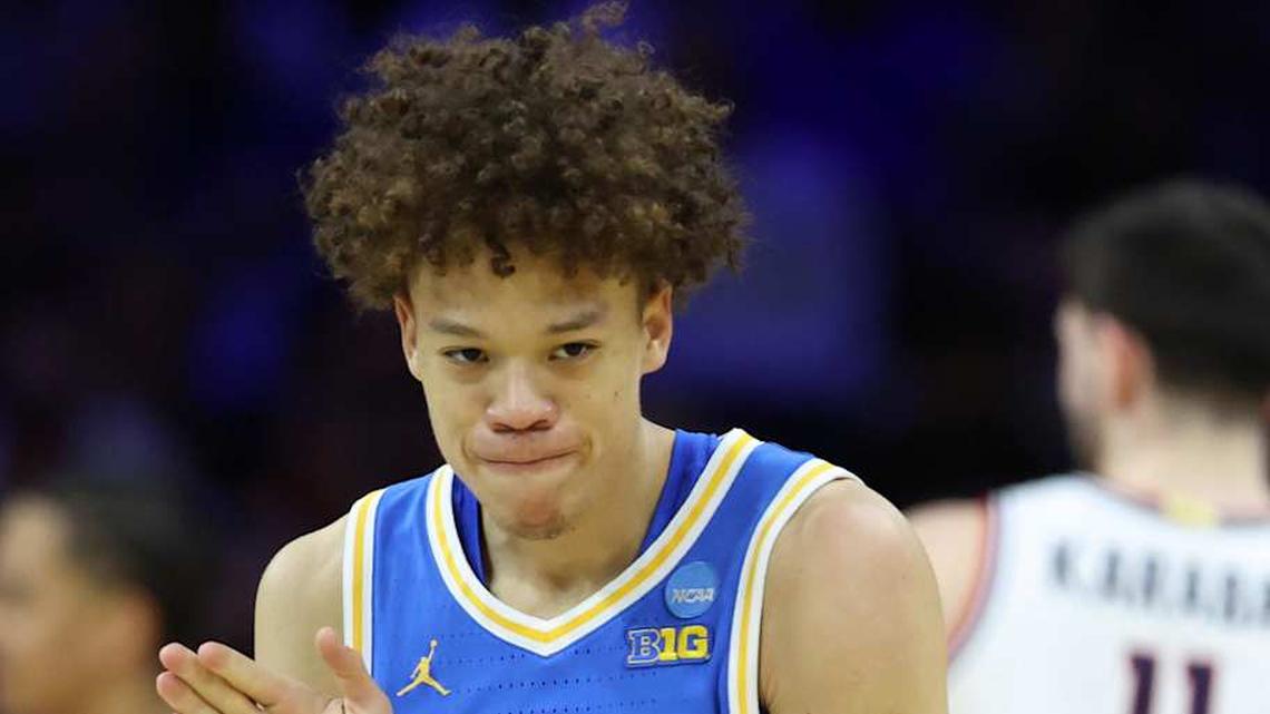  Mar 22, 2026; Philadelphia, PA, USA; UCLA Bruins guard Trent Perry (0) reacts against the UConn Huskies in the first half during a second round game of the men's 2026 NCAA Tournament at Xfinity Mobile Arena. Mandatory Credit: Bill Streicher-Imagn Images | Bill Streicher-Imagn Images 