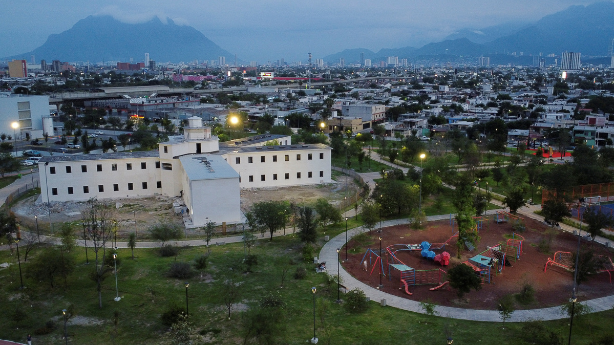 A drone view shows the Liberty Park, built on the former Topo Chico prison in Monterrey, where dozens died in a 2016 massacre, as residents celebrate renewed safety while pushing to preserve the transformed space, in Monterrey, Mexico, May 11, 2026. REUTERS/Daniel Becerril