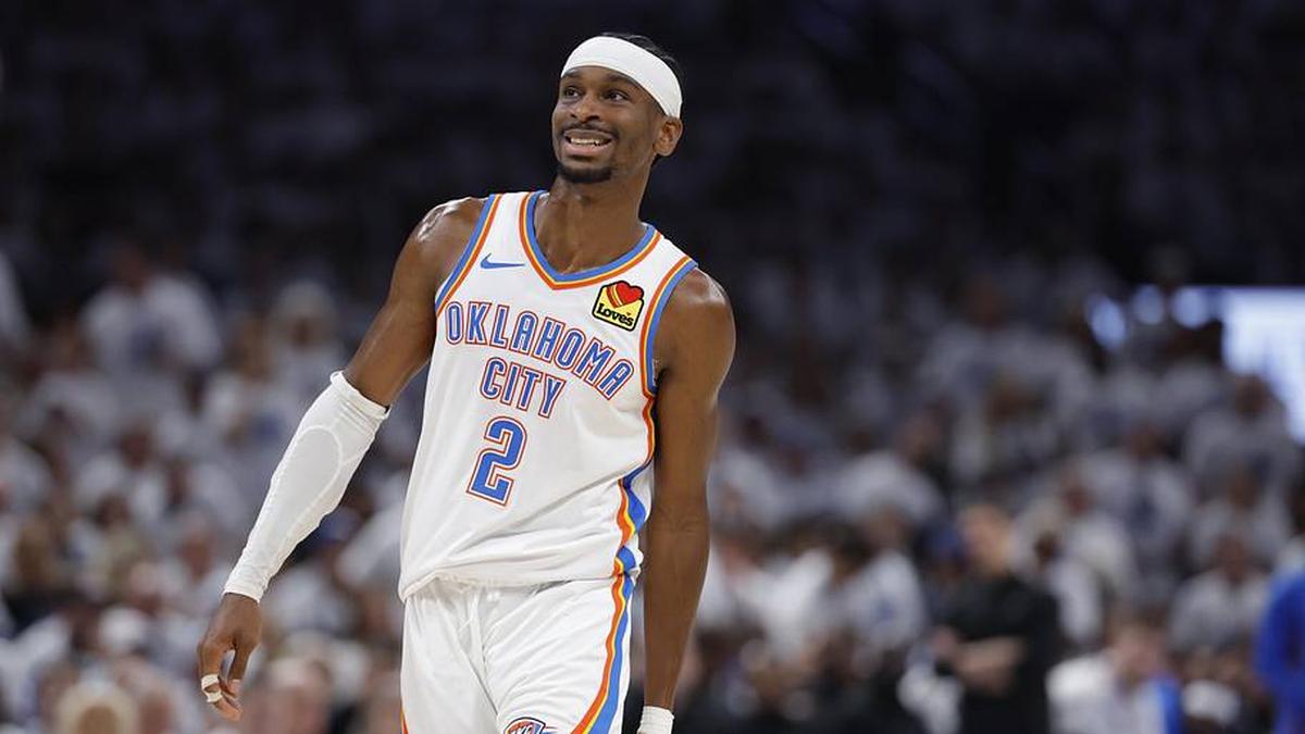  May 26, 2026; Oklahoma City, Oklahoma, USA; Oklahoma City Thunder guard Shai Gilgeous-Alexander (2) reacts after a play during the third quarter against the San Antonio Spurs in game five of the western conference finals for the 2026 NBA playoffs at Paycom Center. | Alonzo Adams-Imagn Images 