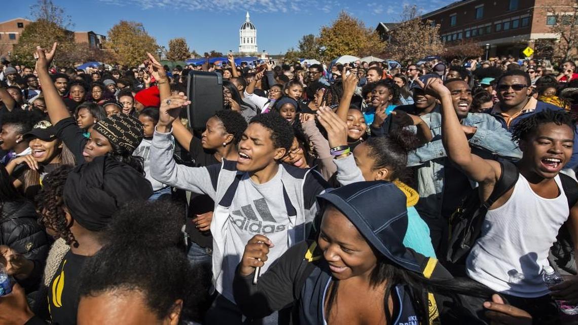 Student protesters turned to dancing and celebration on Monday morning at Traditions Plaza on the University of Missouri’s Columbia campus following the resignation of University of Missouri system president Tim Wolfe.