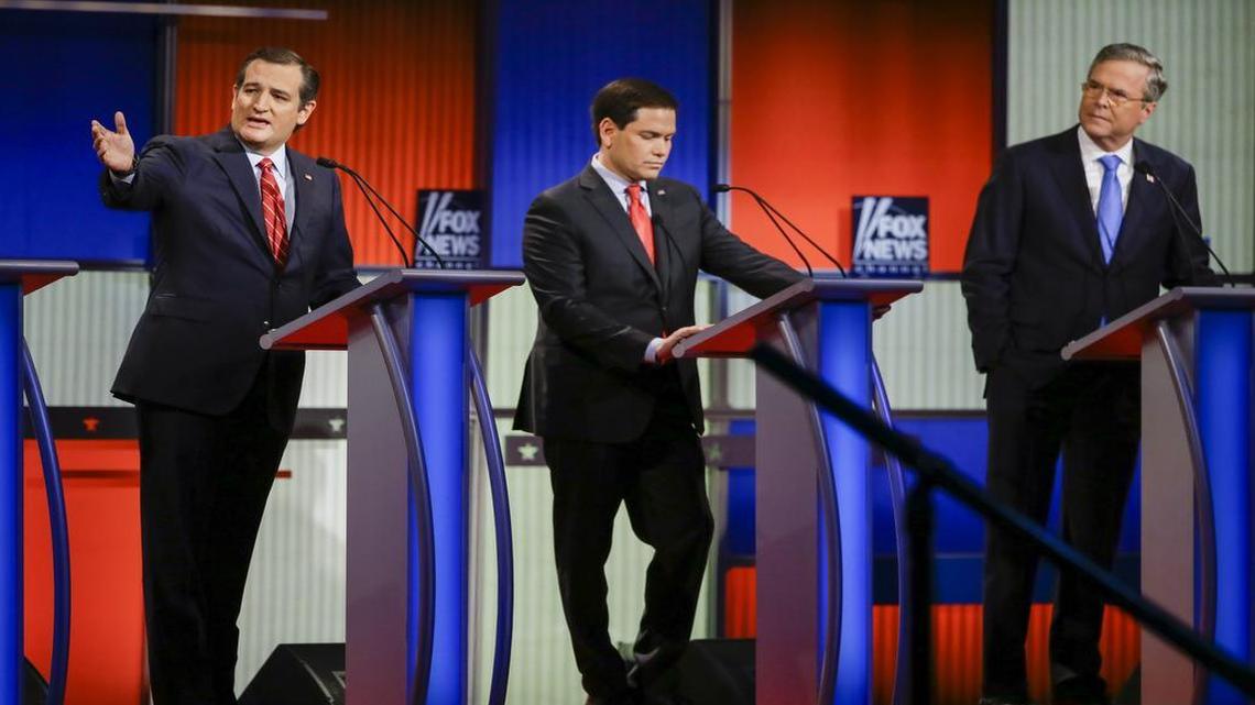 Even though Republican presidential candidates Ted Cruz (left) and Marco Rubio (center) are the children of immigrants, they have taken to casting other Latino immigrants as the outsiders. And it isn’t endearing them to Hispanic voters.