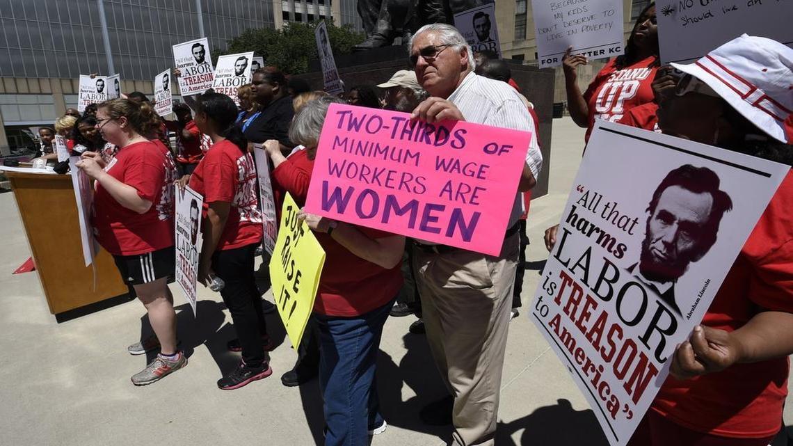 
About 40 people, including fast-food workers and local faith leaders, gathered June 5 on the south side of City Hall to urge the City Council to approve a minimum wage increase to $15 an hour by 2020. The council will vote on the issue Thursday. 
