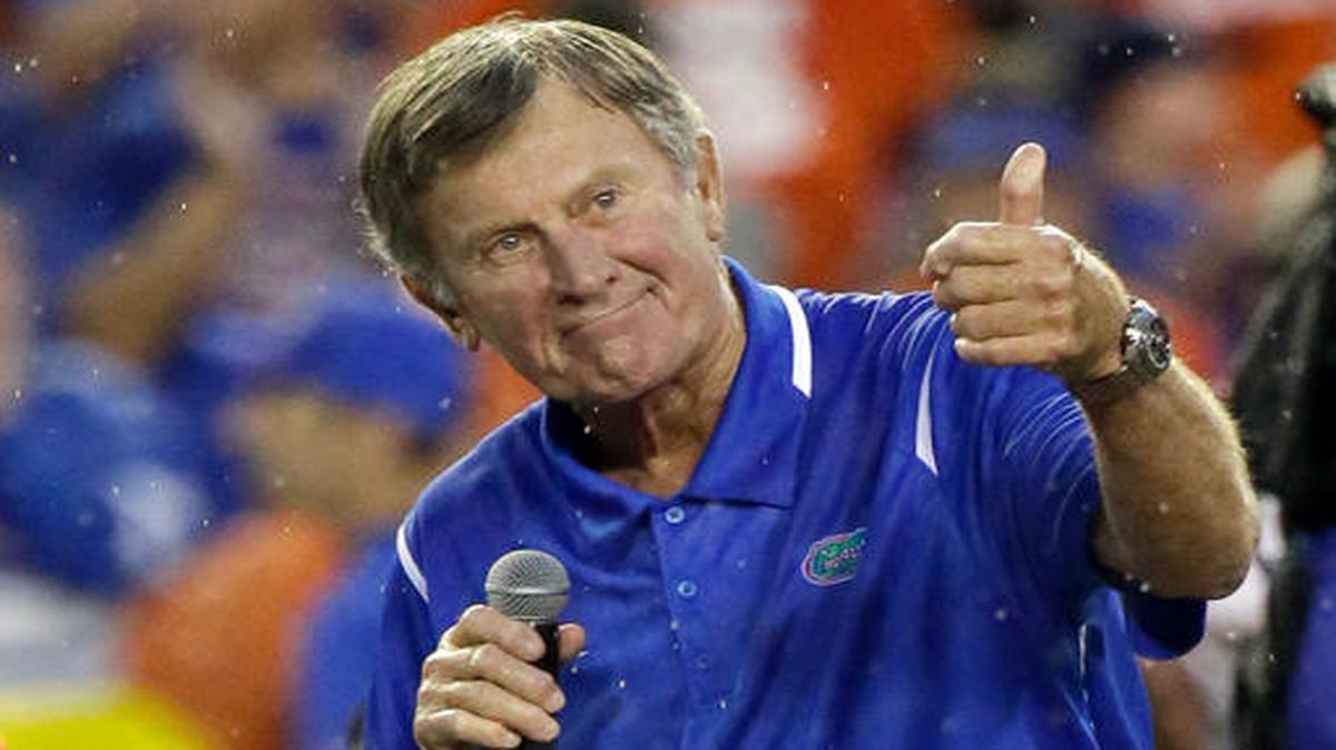 Former Florida player and head coach Steve Spurrier makes remarks after he was honored during an NCAA college football game against Massachusetts, Saturday, Sept. 3, 2016, in Gainesville, Fla. The Gators on Saturday officially unveiled Steve Spurrier-Florida Field at Ben Hill Griffin Stadium.